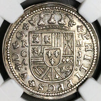 1718-CA NGC AU Spain 2 Reales Philip V Silver Cuenca Mint Coin (23030102C)