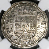 1718-CA NGC AU Spain 2 Reales Philip V Silver Cuenca Mint Coin (23030102C)