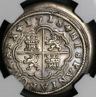1718-CA NGC AU Spain 2 Reales Philip V Silver Cuenca Mint Coin (23030102C)