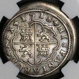 1718-CA NGC AU Spain 2 Reales Philip V Silver Cuenca Mint Coin (23030102C)