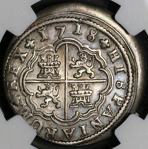 1718-CA NGC AU Spain 2 Reales Philip V Silver Cuenca Mint Coin