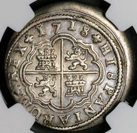 1718-CA NGC AU Spain 2 Reales Philip V Silver Cuenca Mint Coin (23030102C)