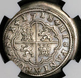 1718-CA NGC AU Spain 2 Reales Philip V Silver Cuenca Mint Coin (23030102C)