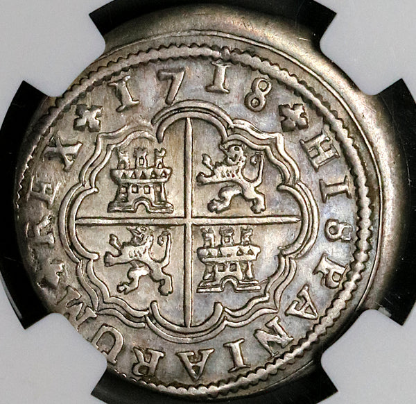 1718-CA NGC AU Spain 2 Reales Philip V Silver Cuenca Mint Coin (23030102C)