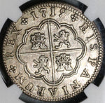 1719-J NGC AU 55 Spain 2 Reales Philip V Silver Segovia Coin POP 1/0 (21051301C)