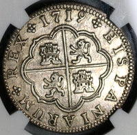 1719-J NGC AU 55 Spain 2 Reales Philip V Silver Segovia Coin POP 1/0 (21051301C)