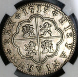 1719-J NGC AU 55 Spain 2 Reales Philip V Silver Segovia Coin POP 1/0 (21051301C)