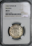 1722-F NGC MS 61 Spain 2 Reales Philip V Silver Segovia Coin POP 1/4 (21051302C)