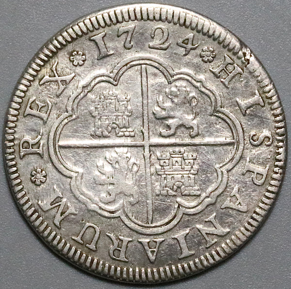1724 Spain 2 Reales VF Philip V Segovia Mint Aqueduct Silver Coin (23012004R)