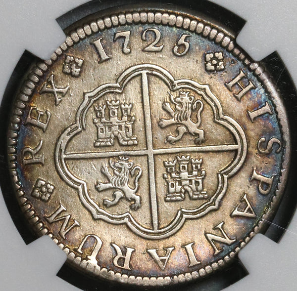1725-CA NGC AU Spain 2 Reales Philip V Silver Scarce Cuenca Mint Coin (21021902C)
