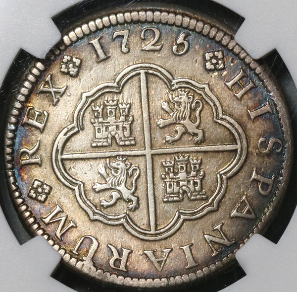 1725-CA NGC AU Spain 2 Reales Philip V Silver Scarce Cuenca Mint