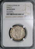 1725-CA NGC AU Spain 2 Reales Philip V Silver Scarce Cuenca Mint Coin (21021902C)