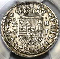 1725-S PCGS AU 53 Spain 2 Reales Philip V Silver Seville Mint Coin (20112504D)