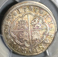 1727-F PCGS AU 55 Spain 2 Reales Philip V Silver Segovia Mint Coin (20091501C)