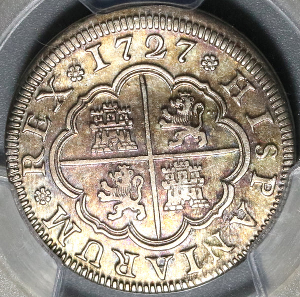 1727-F PCGS AU 55 Spain 2 Reales Philip V Silver Segovia Mint Coin (20091501C)