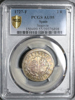 1727-F PCGS AU 55 Spain 2 Reales Philip V Silver Segovia Mint Coin (20091501C)