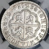 1729-S NGC AU 50 Spain 2 Reales Philip V Silver Seville Coin POP 1/2 (21051303C)