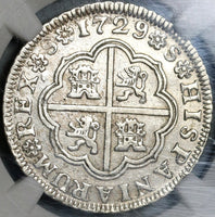 1729-S NGC AU 50 Spain 2 Reales Philip V Silver Seville Coin POP 1/2 (21051303C)
