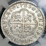 1729-S NGC AU 50 Spain 2 Reales Philip V Silver Seville Coin POP 1/2 (21051303C)