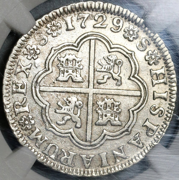 1729-S NGC AU 50 Spain 2 Reales Philip V Silver Seville Coin POP 1/2 (21051303C)