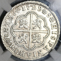 1729-S NGC AU 50 Spain 2 Reales Philip V Silver Seville Coin POP 1/2 (21051303C)