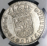 1729-S NGC AU 50 Spain 2 Reales Philip V Silver Seville Coin POP 1/2 (21051303C)
