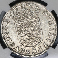 1729-S NGC AU 50 Spain 2 Reales Philip V Silver Seville Coin POP 1/2 (21051303C)
