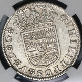 1729-S NGC AU 50 Spain 2 Reales Philip V Silver Seville Coin POP 1/2 (21051303C)