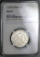1729-S NGC AU 50 Spain 2 Reales Philip V Silver Seville Coin POP 1/2 (21051303C)