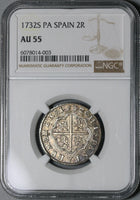1732-S NGC AU 55 Spain 2 Reales Philip V Silver Seville Coin POP 2/1 (21051304C)