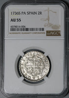 1736-S PA NGC AU 55 Spain 2 Reales Philip V Silver Seville Coin POP 2/2 (21051305C)