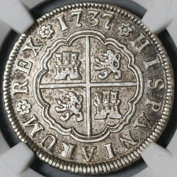 1737-M NGC AU 55 Spain 2 Reales Philip V Silver Madrid Coin POP 2/0 (21061103C)