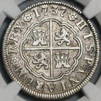 1737-M NGC AU 55 Spain 2 Reales Philip V Silver Madrid Coin POP 2/0 (21061103C)