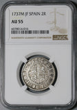 1737-M NGC AU 55 Spain 2 Reales Philip V Silver Madrid Coin POP 2/0 (21061103C)