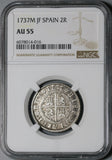 1737-M NGC AU 55 Spain 2 Reales Philip V Silver Madrid Coin POP 2/0 (21061103C)