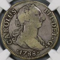 1788-S NGC F 12 Spain Charles III 2 Reales C/CF Variety Silver Seville Mint Coin (19080701D)