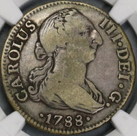 1788-S NGC F 12 Spain Charles III 2 Reales C/CF Variety Silver Seville Mint Coin (19080701D)