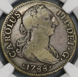 1788-S NGC F 12 Spain Charles III 2 Reales C/CF Variety Silver Seville Mint Coin (19080701D)