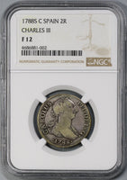 1788-S NGC F 12 Spain Charles III 2 Reales C/CF Variety Silver Seville Mint Coin (19080701D)