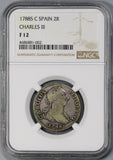 1788-S NGC F 12 Spain Charles III 2 Reales C/CF Variety Silver Seville Mint Coin (19080701D)