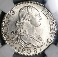 1808-M NGC MS 64 Spain 2 Reales Charles IV Madrid Mint Silver Coin POP 2/1 (22072301C)