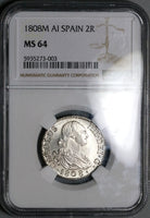 1808-M NGC MS 64 Spain 2 Reales Charles IV Madrid Mint Silver Coin POP 2/1 (22072301C)