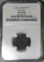 1601-C NGC XF 45 Spain 2 Maravedis Philip III Segovia Lion Castle Coin (21012402C)