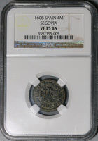 1608 NGC VF 35 Spain 4 Maravedis Philip III Segovia Lion Castle Coin (21012404C)