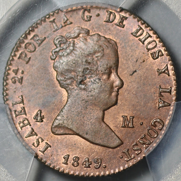 1849 PCGS MS 64 Spain 4 Maravedis Segovia Red Brown Coin Pop 1/0 (21082502D)