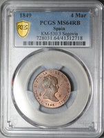 1849 PCGS MS 64 Spain 4 Maravedis Segovia Red Brown Coin Pop 1/0 (21082502D)