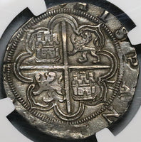 1556 NGC AU 58 Spain 4 Reales Philip II Seville Cob Silver Coin (21111403C)