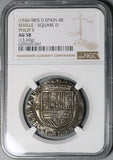 1556 NGC AU 58 Spain 4 Reales Philip II Seville Cob Silver Coin (21111403C)