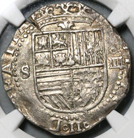 1556 NGC AU 55 Spain 4 Reales Philip II Seville Cob Silver Coin (22041603C)