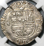 1556 NGC AU 55 Spain 4 Reales Philip II Seville Cob Silver Coin (22041603C)